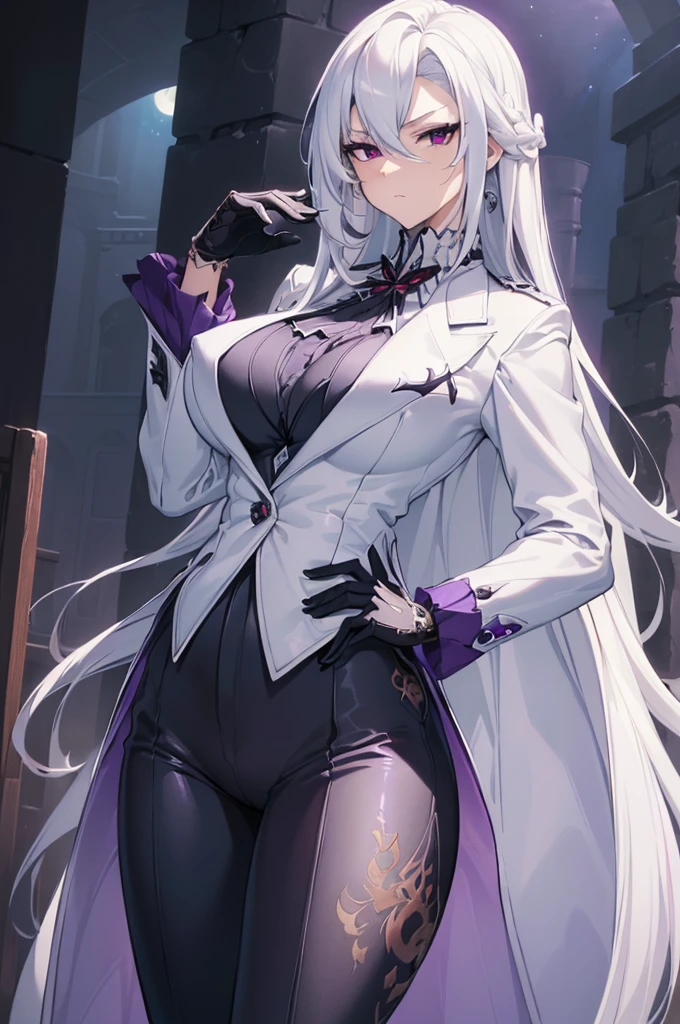(best quality:1.3), (masterpiece:1.3), (illustration:1.3), (ultra-detailed:1.3), 1girl, solo, ((long hair, white hair, purple eye)), (((large breasts))), black pants, white suit, tailcoat, serious expression, tall, mature, elegant, black gloves, looking at viewer, night sky, hands on hips, serious expression, tsurime,