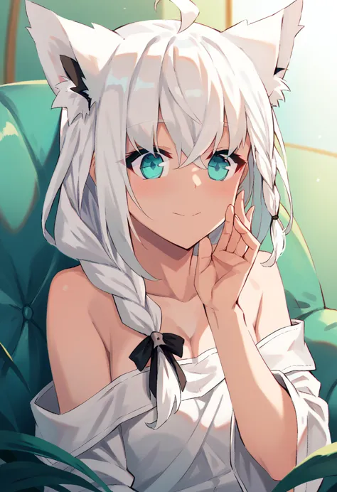 {{{shirakami_fubuki}}}, fox girl, white hair,braid, ahoge, animal ear fluff, aqua eyes, black ribbon, white shirt, off shoulder