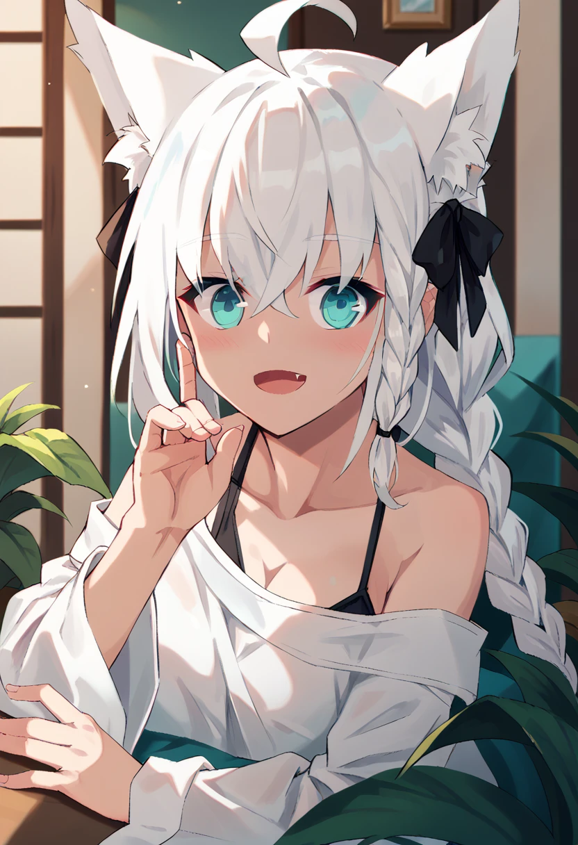 {{{shirakami_fubuki}}}, fox girl, white hair,braid, ahoge, animal ear fluff, aqua eyes, black ribbon, white shirt, off shoulder
