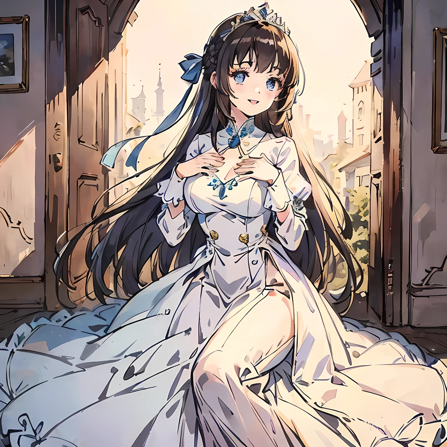 (highest quality, masterpiece:1.2), highest quality, High resolution, 1080P, 8K, Height: 158cm, ((High-definition game CG)), ((Like a beautiful girl dreaming of a game heroine、Very intelligent, very noble, lovely and pure beautiful princesses、With the best smile、Looking at the audience、Hands over their mouths)), A face that everyone loves, Glossy lips, Even bangs, ((Very beautiful blue eyes)), ((Very beautiful and long hair)), (((The most luxurious in the world、Rococo dress))), ((tiara studded with diamonds)), So many gemstones, Extremely lustrous, shiny game heroine lips, A girl with her open hand over her open mouth, like a game heroine, Ribbon in hair, Tight waist, slender, The ribbon is big and very pretty., Beautiful hair like a hair model, Long skirt, ((Big ribbon in her hair)), Full-length ball gown dress with hoop skirt, Frilled yoke collar, Fine woven ribbon on chest, Puff sleeves, Shiny silk satin dress, Soft and smooth silk satin fabric, luxury, Gorgeous flowing dress, Fine white ruffles and lace, 