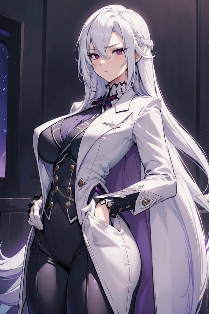 (best quality:1.3), (masterpiece:1.3), (illustration:1.3), (ultra-detailed:1.3), 1girl, solo, ((long hair, white hair, purple eye)), (((large breasts))), black pants, white suit, tailcoat, serious expression, tall, mature, elegant, black gloves, looking at viewer, night sky, hands in pocket, serious expression, tsurime,