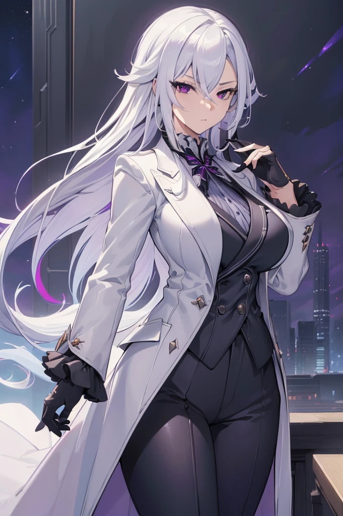 (best quality:1.3), (masterpiece:1.3), (illustration:1.3), (ultra-detailed:1.3), 1girl, solo, ((long hair, white hair, purple eye)), (((large breasts))), black pants, white suit, tailcoat, serious expression, tall, mature, elegant, black gloves, looking at viewer, night sky, hands in pocket, serious expression, tsurime,