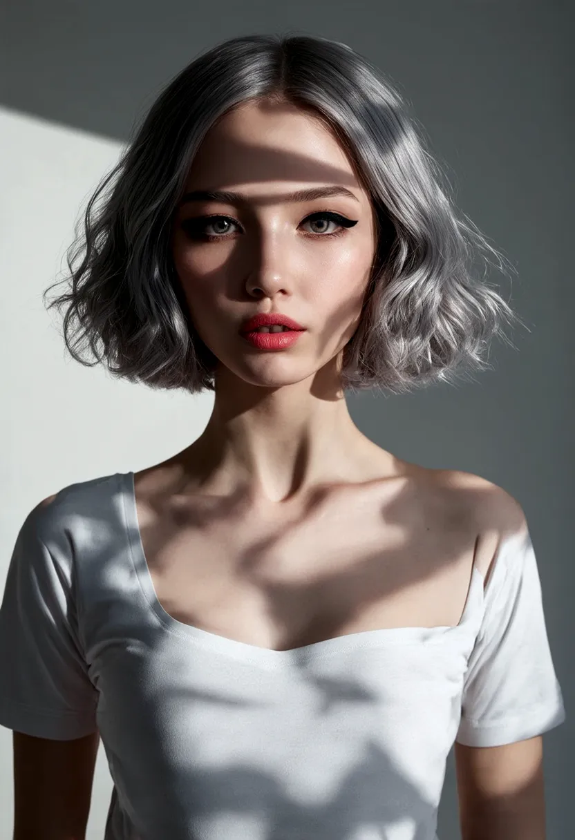 (((surreal))) photo, masterpiece, top quality, (pale skin), (extremely detailed face and eyes:1.3), 1 girl, aldult, wearing t-sh...