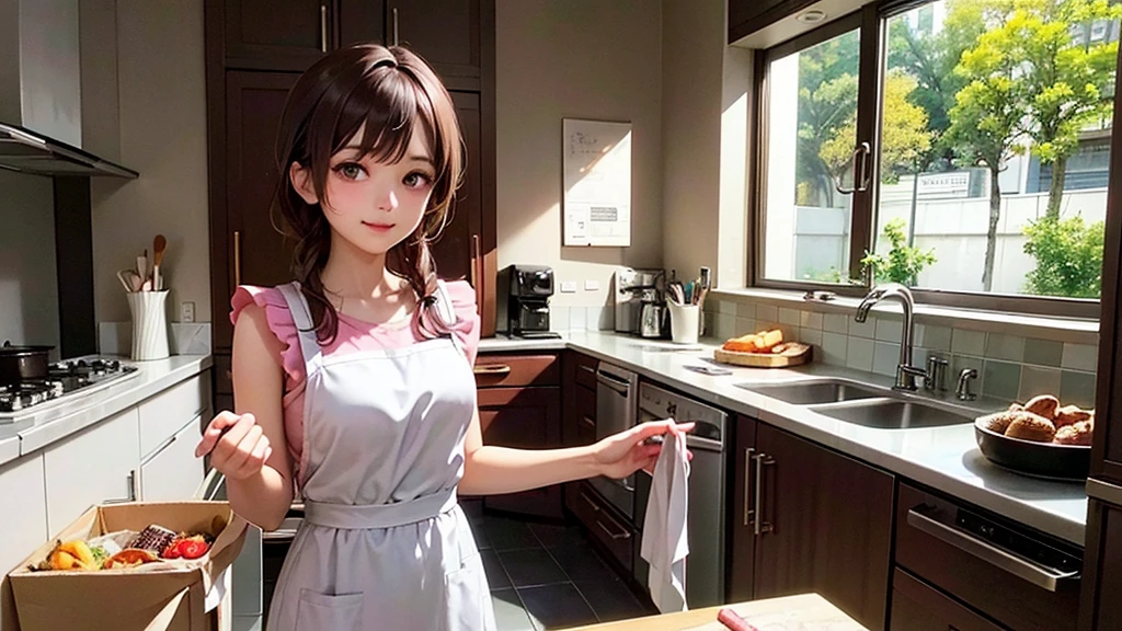 kitchenで料理をしているアニメの女の子, 昼間のkitchen, Anime Style 4k, Girl in pink apron, kitchen, anime art wallpaper 4k, anime art wallpaper 4k, Anime Art Wallpapers 8K, LOFI Girl, 昼間のkitchen, She is wearing a white T-shirt under her pink apron., Summer concept art, Digital anime illustration, Anime atmosphere, 4k anime wallpaper