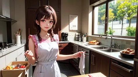 kitchenで料理をしているアニメの女の子, 昼間のkitchen, anime style 4k, girl in pink apron, kitchen, anime art wallpaper 4k, anime art wallpaper 4k,...