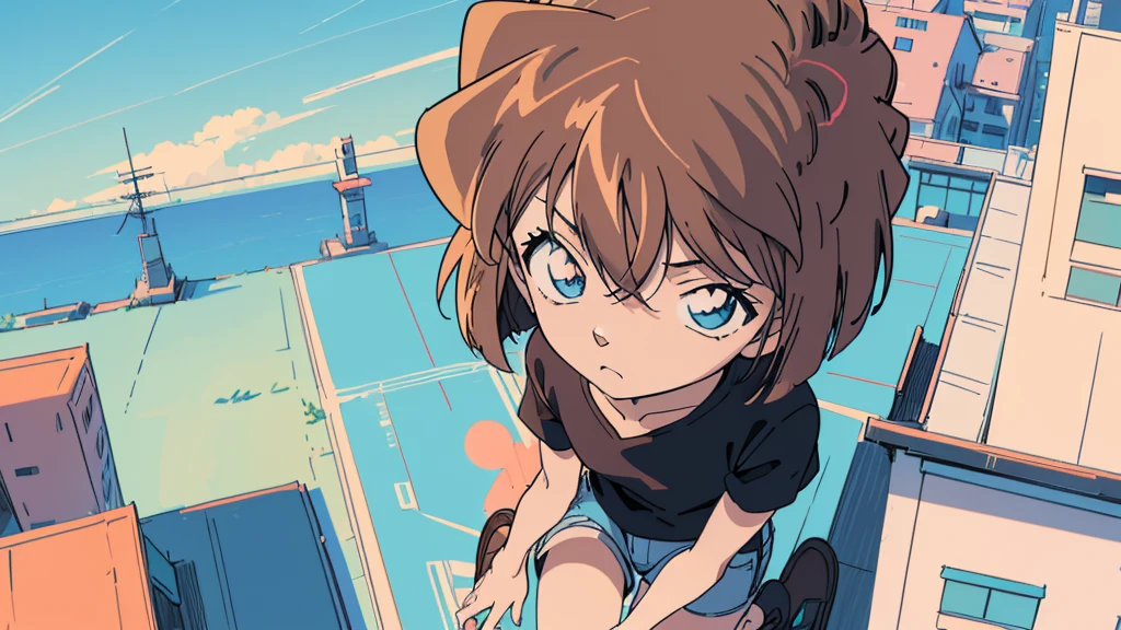 anime style, (1girl in, Solo:1.0), (Haibara Ai), ((Short pants)), (((Big eyes))), (Cute anime girl head), (flat chest),looking at viewer,With a height of 100cm, shoot from front, (head shot), Simple line minimalism, Abstract Art, City background, anime opening movie