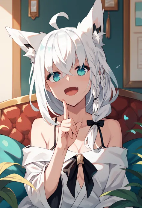 {{{shirakami_fubuki}}}, fox girl, white hair,braid, ahoge, animal ear fluff, aqua eyes, black ribbon, white shirt, off shoulder