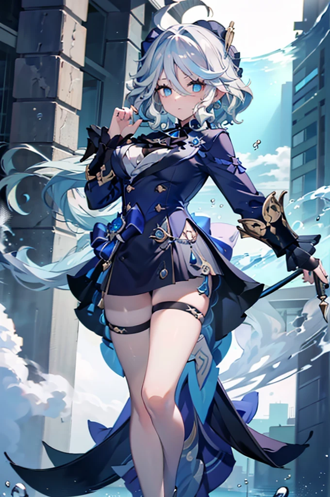 (full body),masterpiece, The best quality at its best, One huge breasted girl, Follina, Genshin Impact, Gray Hair, Blue Hair, Cute big breasts, Tear organ pupil, sad, Clit,  Underwater, Air bubbles, big, Fall into oblivion, Abandoned city，Cowboy Shot，Kung Fu Pose，