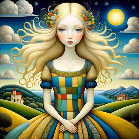 patchwork by klimt, nicoletta ceccoli, naoto hattori, lawrence didier, leonora carrington of european woman, ash blond hair, lig...