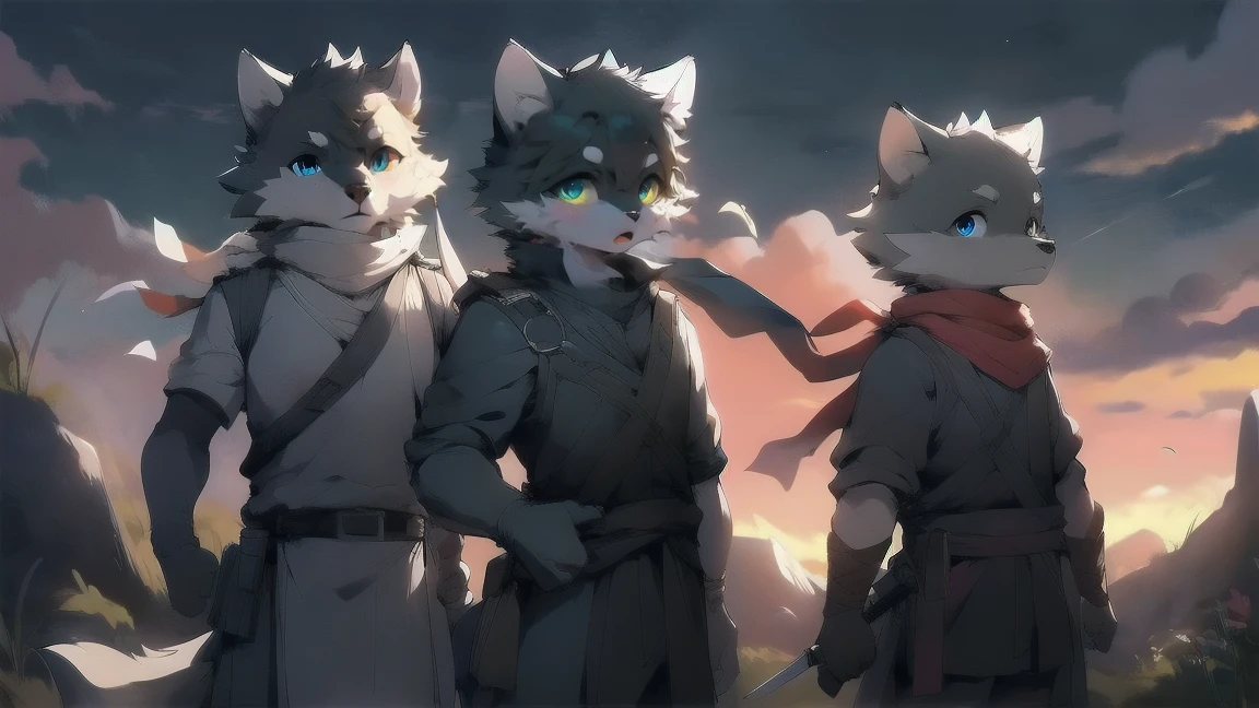 Wolf，juvenile，male，Gray-black fur，Sky blue eyes，Ancient combat uniform，scarf，Holding a long sword，Scabbard back，permanent，The only one,dawn，illumination，Break