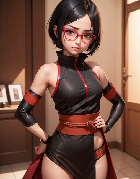 Sarada 8 years old sfwn, sexly, Decode ripped flat beautiful breasts, short black hair , eyes black, and with red glasses , peac...