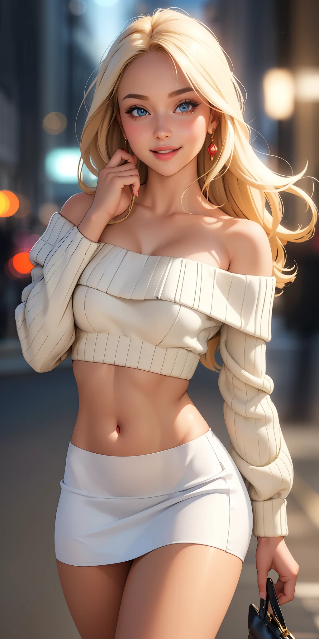 (best quality, ultra-detailed, photorealistic: 1.39), Face of naughty 19 year old teenager, bright and vibrant colors, studio lighting, romantic expression, beautiful detailed off-shoulder sweater:1.2  , sensual white mini skirt, elegant makeup, long blonder hair flowing in the wind, attractive eyes, lips bright, sexy pose, beautiful roses, smiling confidently and seductively, posing for a professional photo shoot, shallow depth of field, soft natural lighting, creating a dreamy and magical atmosphere. on the street, night