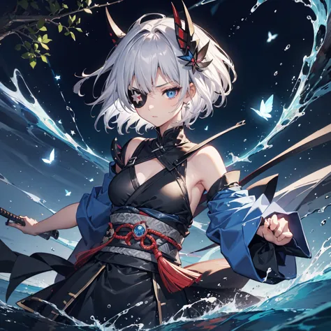 (((1 person　Put on an eye patch　Gray Hair　Qinglong)))　((High resolution　short hair　Black kimono　Shoulder　Rin々Funny face　knifeを胸の...