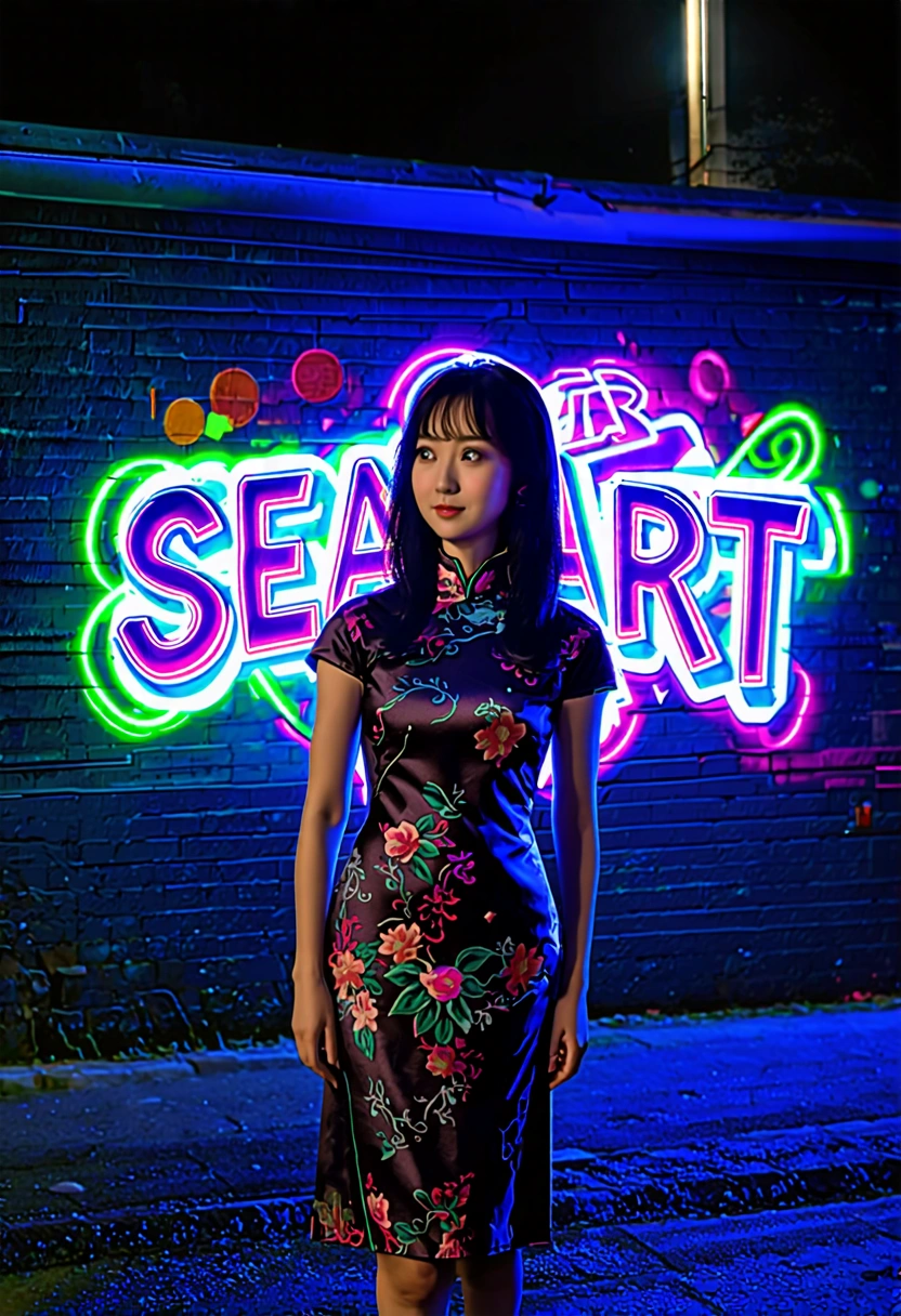 漆黑的夜晚有七彩發光的塗鴉文字 "海洋藝術", 在街牆上 , 前景是一位美麗的年輕亞洲女性, 穿旗袍, 文字發光, 科幻, 电影剧照, 電影光, 景深