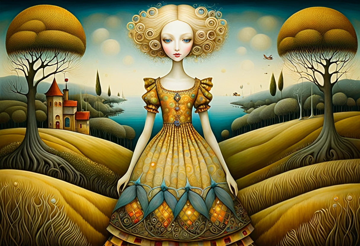 Patchwork by Klimt, Nicoletta Ceccoli, Naoto Hattori, Lawrence Didier, Leonora Carrington of European Woman, ash blond hair, light dress with wide neckline and small bust. is on the top of a gentle hill from which you can see the sea and forests of trees of many colors. The wind moves her hair and dress. intricate patterns and details, photorealistic 8k resolution, masterpiece quality, vivid and vibrant colors, dramatic lighting casting surreal shadows, fantastical and whimsical elements, magical realism ambiance, wide-angle perspective creating optical illusions.