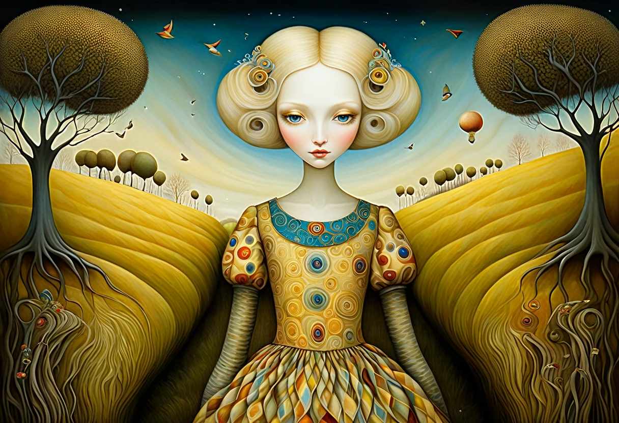 Patchwork by Klimt, Nicoletta Ceccoli, Naoto Hattori, Lawrence Didier, Leonora Carrington of European Woman, ash blond hair, light dress with wide neckline and small bust. is on the top of a gentle hill from which you can see the sea and forests of trees of many colors. The wind moves her hair and dress. intricate patterns and details, photorealistic 8k resolution, masterpiece quality, vivid and vibrant colors, dramatic lighting casting surreal shadows, fantastical and whimsical elements, magical realism ambiance, wide-angle perspective creating optical illusions.