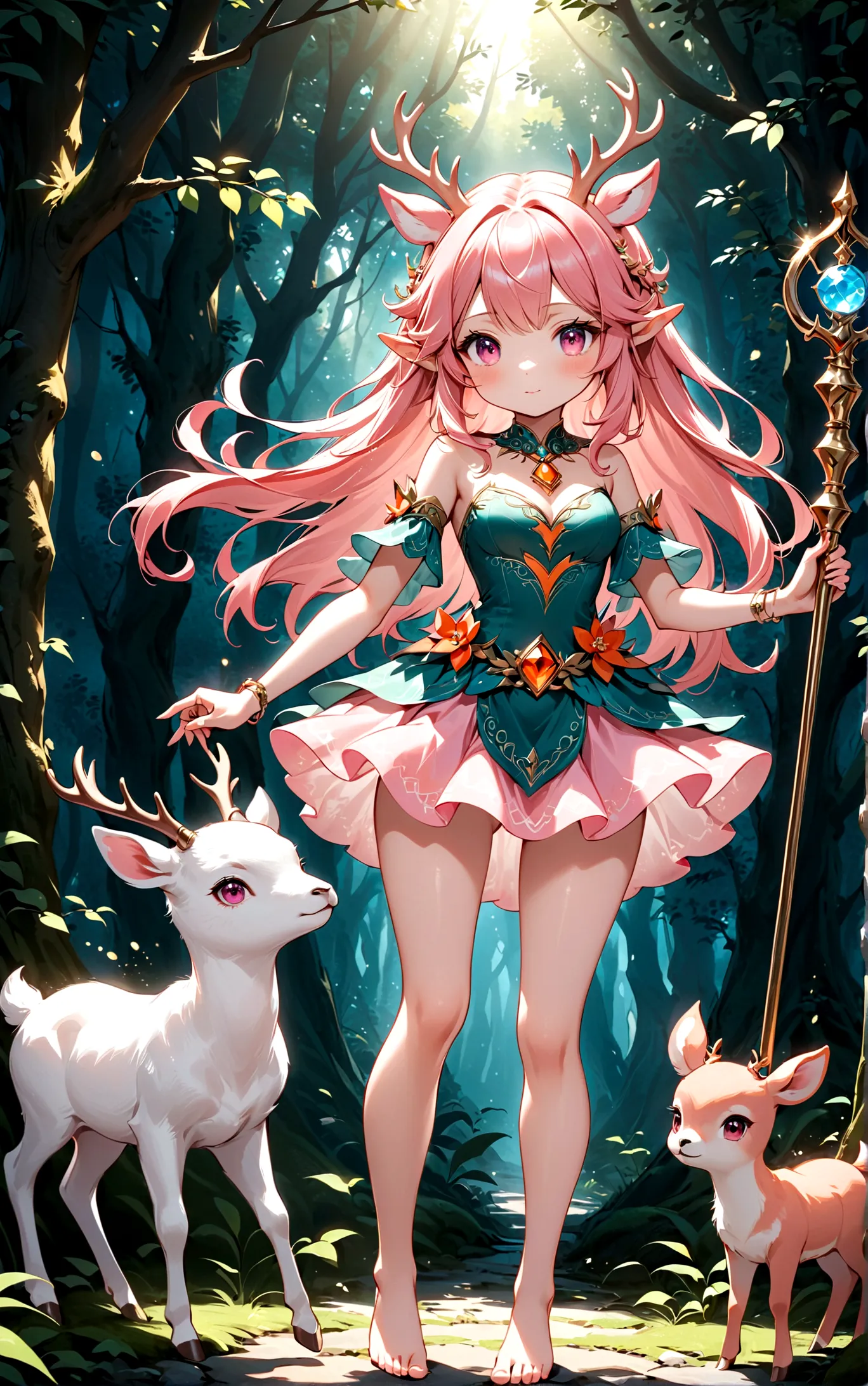 game character，Cartoon anime style，beautiful girl，Cute expression，Fluffy pink hair，Pink Eyes，Cute pink deer antlers，Elf ears，Ora...