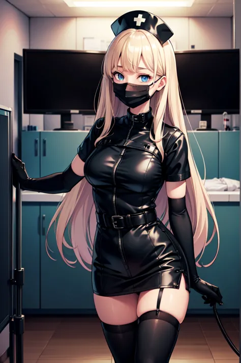 black nurse, 1woman, solo, black nurse cap, black nurse uniform, ((black legwear, zettai ryouiki)), black elbow gloves, blonde h...