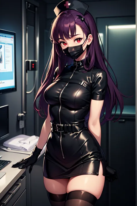 black nurse, 1woman, solo, black nurse cap, black nurse uniform, ((black legwear, zettai ryouiki)), black elbow gloves, long hai...