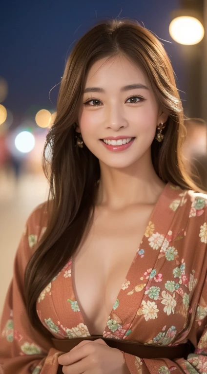 ((highest quality、8k、master piece:1.3))、Self snap、beautiful woman with perfect figure:1.4、(brown long hair、normal breasts:1.3)、(floral pattern yukata)、Highly detailed face and skin texture、detailed eye、double eyelid、laughter:1.5、Full body Esbian、～sacrifice to、in the street、night