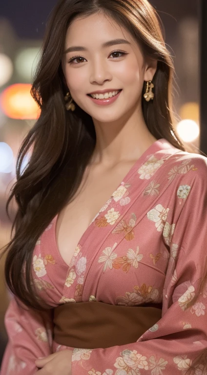 ((highest quality、8k、master piece:1.3))、Self snap、beautiful woman with perfect figure:1.4、(brown long hair、normal breasts:1.3)、(floral pattern yukata)、Highly detailed face and skin texture、detailed eye、double eyelid、laughter:1.5、Full body Esbian、～sacrifice to、in the street、night