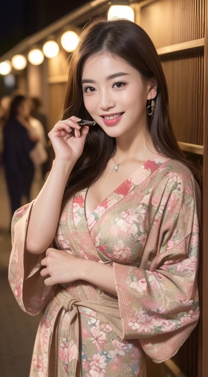 ((highest quality、8k、master piece:1.3))、Self snap、beautiful woman with perfect figure:1.4、(brown long hair、normal breasts:1.3)、(floral pattern yukata)、Highly detailed face and skin texture、detailed eye、double eyelid、laughter:1.5、Full body Esbian、～sacrifice to、in the street、night