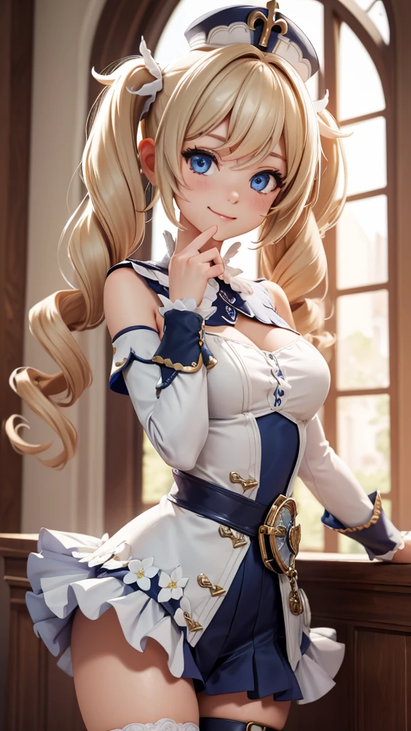 (extremely detailed CG unity 8k wallpaper,masterpiece, best quality, ultra-detailed, beautiful detailed eyes:1.2), high saturation, 1girl, barbara \(genshin impact\), frilled dress, bare shoulders, blonde hair, twintails, dancing, church, smile, looking at viewer,