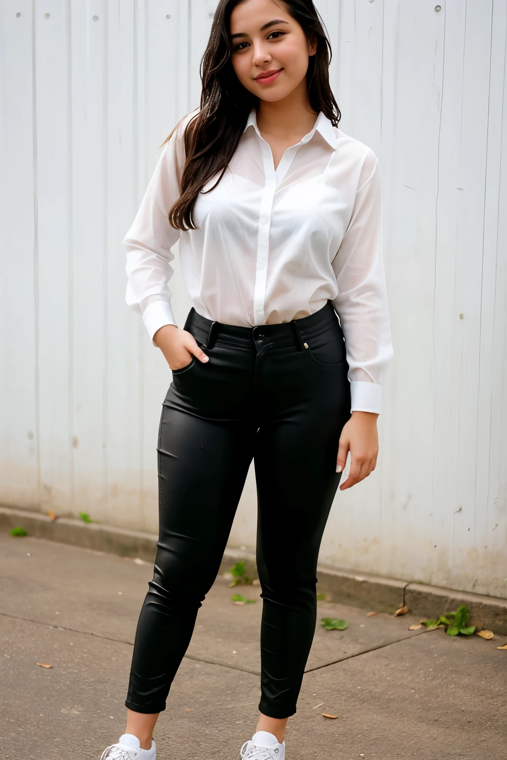 A woman in black pants and white shirt posing for a picture - SeaArt AI