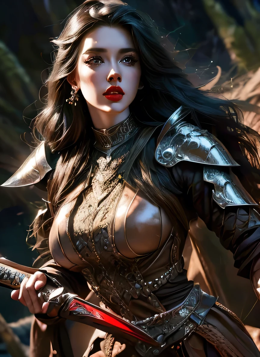 a beautiful flawless lady, highly detailed face, piercing eyes, full red lips, long eyelashes, flowing hair, wielding a big giant sword, wearing impractical high fantasy armor, dramatic lighting, cinematic composition, fantasy landscape, mist, volumetric lighting, vibrant colors, hyper detailed, 8k, photorealistic