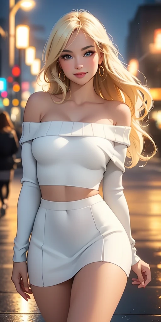 (best quality, ultra-detailed, photorealistic: 1.39), face of a 30 year old girl in love with big breasts, bright and vibrant colors, studio lighting, romantic expression, beautiful detailed off-shoulder black sweater:1.2  , sensual white mini skirt, elegant makeup, long blonder hair flowing in the wind, attractive eyes, lips bright, sexy pose, beautiful roses, smiling confidently and seductively, posing for a professional photo shoot, shallow depth of field, soft natural lighting, creating a dreamy and magical atmosphere. on the street, night