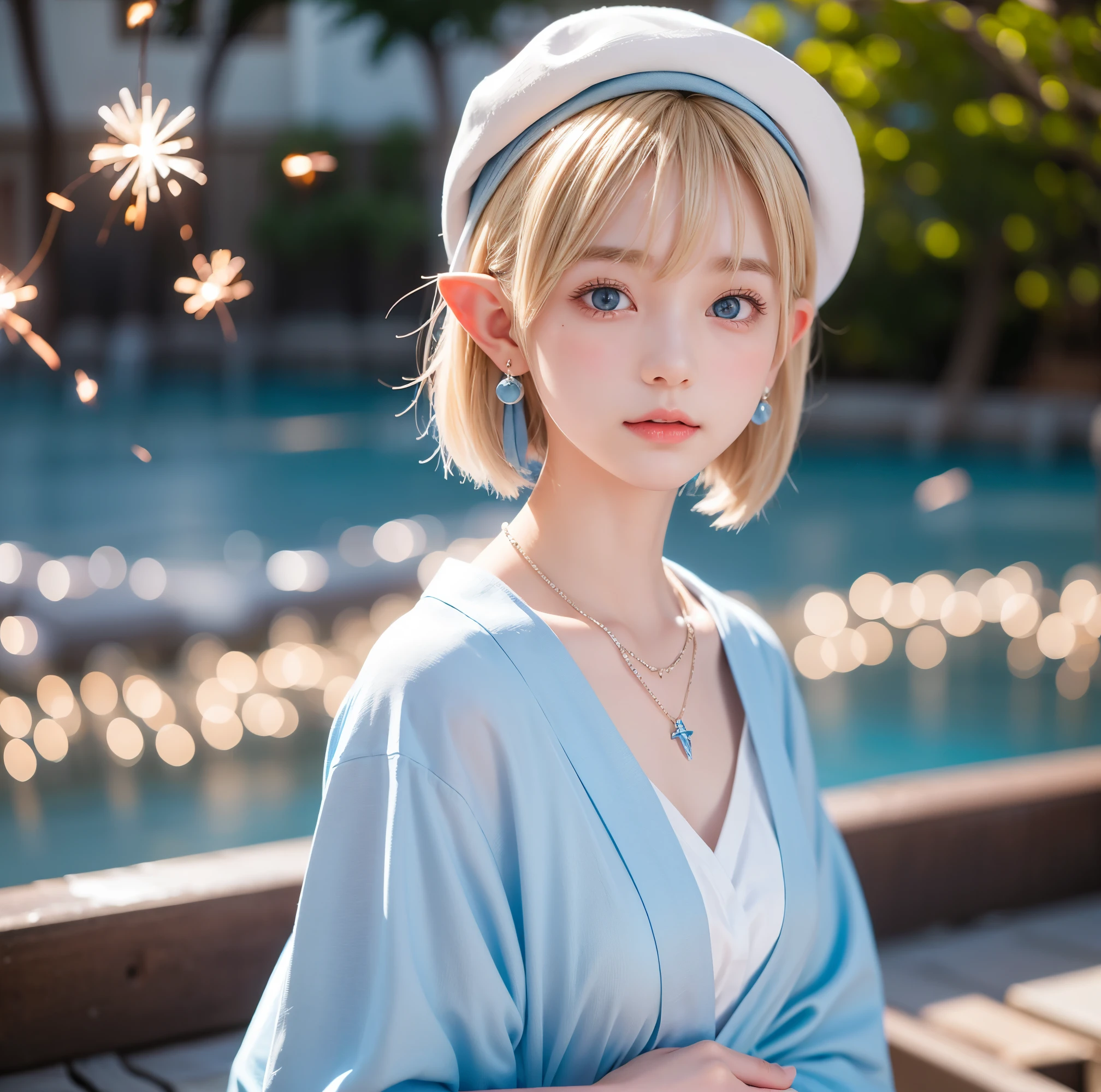 Portrait of a blonde girl in a white hat and a blue shirt , earrings, necklace , extra short hair, sidelocks-hair、Pointy ears like an elf、Upper Body.16 years old、The color of her eyes is a clear light blue、yukata、Fireworks display