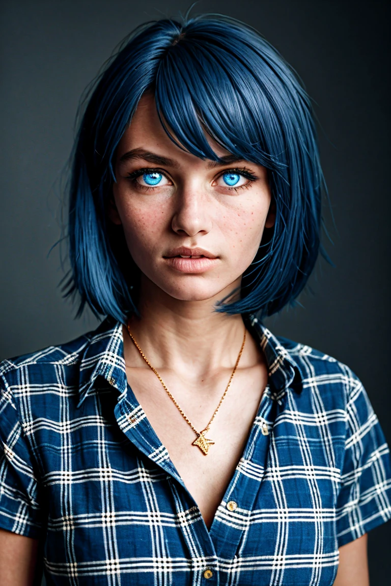 Zerbrechliches Mädchen, dunkelblaue Haare, Quadrat, blaue Augen, Graues kariertes Hemd, an der rechten Hand befindet sich ein dünnes goldenes Armband mit einem blauen Stein. Brustporträt