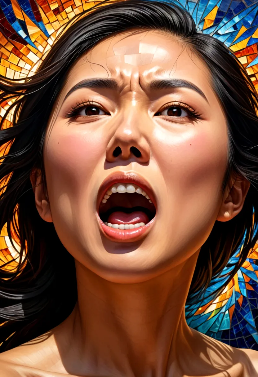 oil painting,Asian woman&#39;s face,side view(Only the face with its mouth wide open screamed in anger..),Something came out of ...