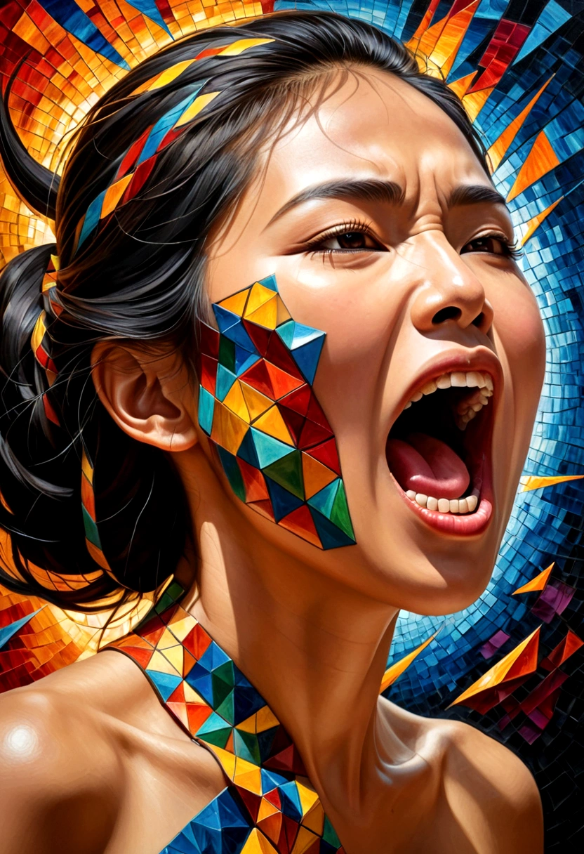 pintura al óleo,mujeres tailandesas&#39;caras,Vista lateral(Sólo el rostro con la boca bien abierta gritó de ira...),Algo salió de su boca..,explosión de piezas El cuerpo es un cubo 3D. , arte del mosaico, obra maestra, Colores brillantes,  ,  muy detallado, , fractal art, , 8K, arte conceptual geométrico, línea nítida