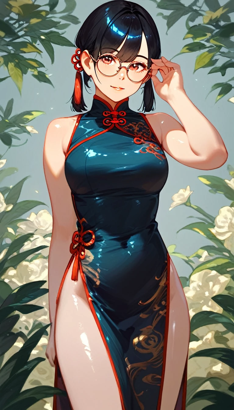 score_9, score_8_up, score_7_up, detailed, rating safe, absurdity, face focus, 1girl, 20years old, shiny skin, cheongsam, round glasses,