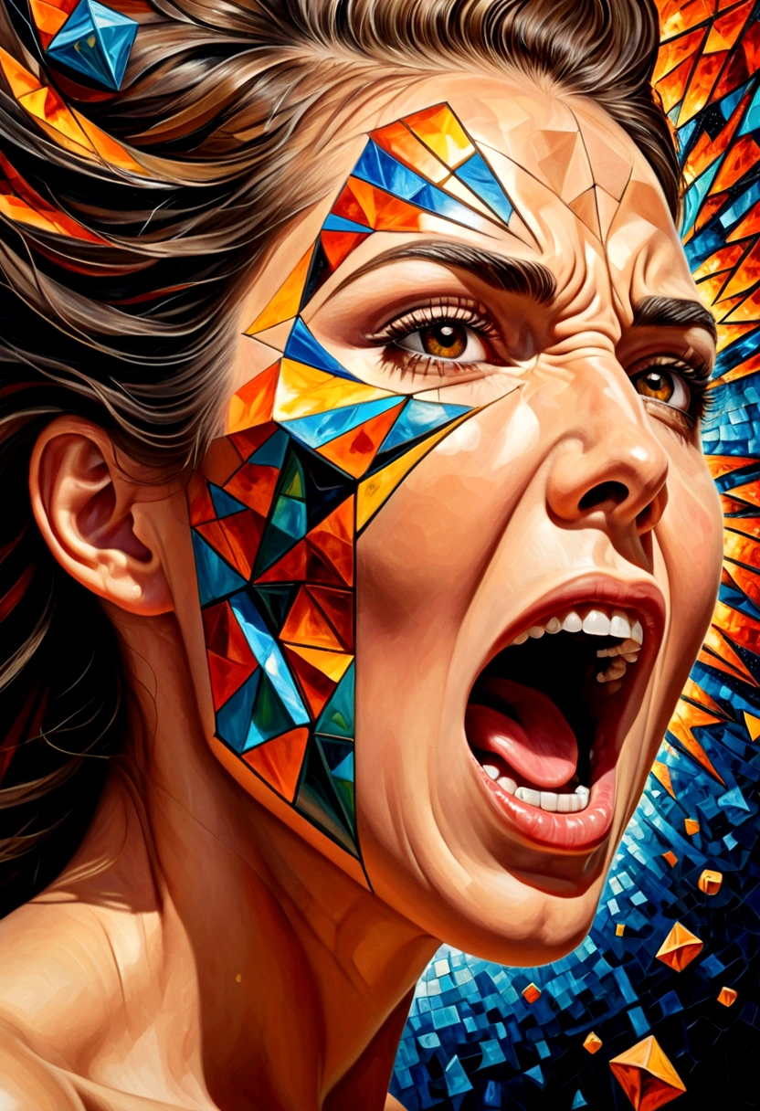 peinture à l&#39;huile,femme&#39;le visage,vue de côté(Seul le visage avec la bouche grande ouverte criait de colère..),Quelque chose est sorti de sa bouche..,explosion de pièces Le corps est un cube 3D. , art de la mosaïque, chef-d&#39;œuvre, couleurs vives,  ,  très détaillé, , art fractal, , 8k, art conceptuel géométrique, ligne nette