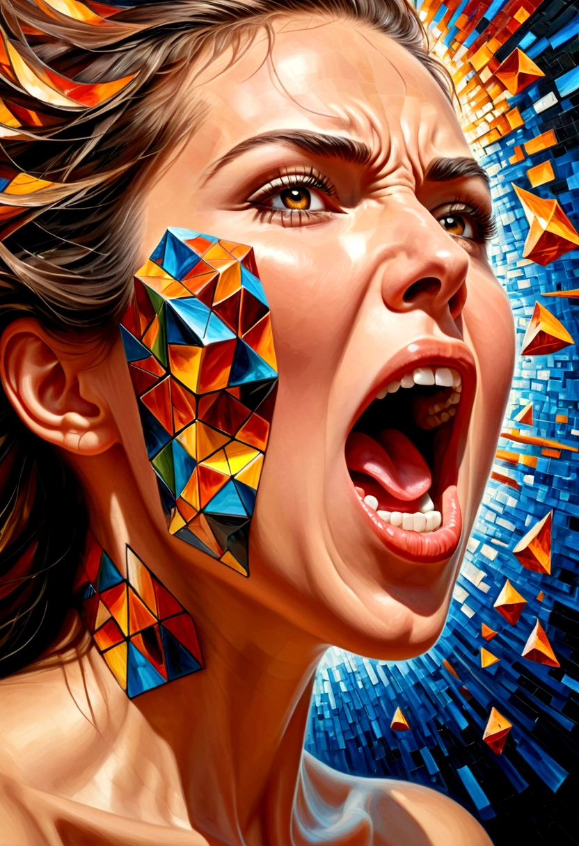 pintura a óleo,mulher&#39;cara,vista lateral(Apenas o rosto com a boca aberta gritou de raiva..),Algo saiu de sua boca..,explosão de peças O corpo é um cubo 3D. , arte em mosaico, obra de arte, cores brilhantes,  ,  Altamente detalhado, , Arte fractal, , 8K, arte conceitual geométrica, linha nítida