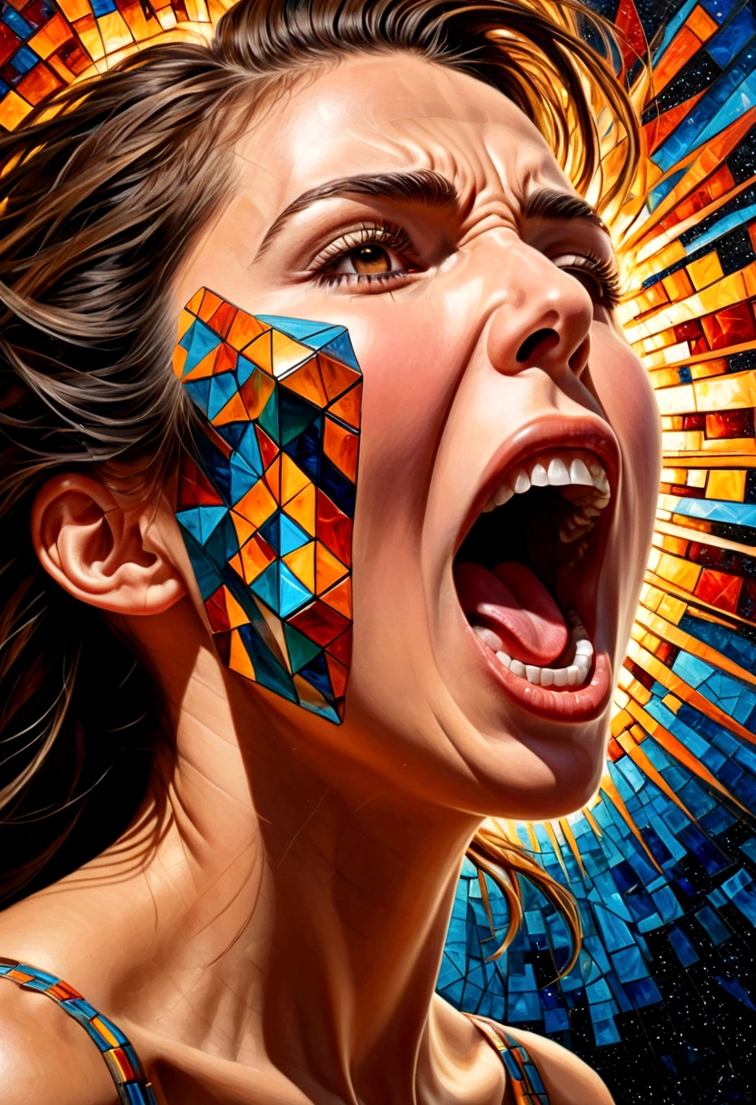 pintura a óleo,mulher&#39;cara,vista lateral(Apenas o rosto com a boca aberta gritou de raiva..),Algo saiu de sua boca..,explosão de peças O corpo é um cubo 3D. , arte em mosaico, obra de arte, cores brilhantes,  ,  Altamente detalhado, , Arte fractal, , 8K, arte conceitual geométrica, linha nítida