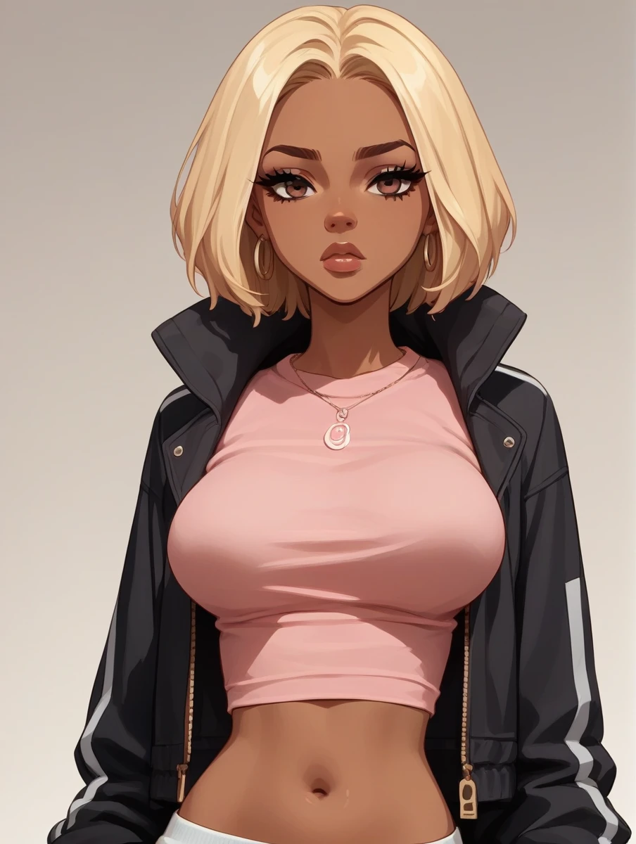 score_9,score_8_up,score_7_up,score_6_up,score_5_up,score_4_up, source_cartoon, source_anime,
1girl, solo, dark skinned girl, 24 year old girl, breasts, pink shirt, black jacket, brown eyes, blonde hair, stylish,
 b00nd0cks, open belly