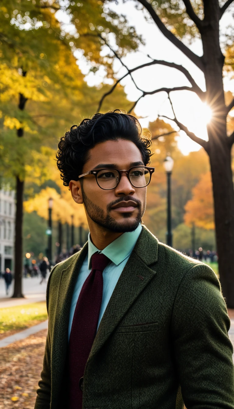 photorealistic, cinematic, raw photo, low angle shot, man, mulatto, 30 years old, black hair, classic side part hairstyle, clean shaven, wearing thin round glasses, dark brown tweed blazer, burgundy sweater, light green checked shirt, dark brown bow tie, walking in city park, lots of tree, autumn, sunrise