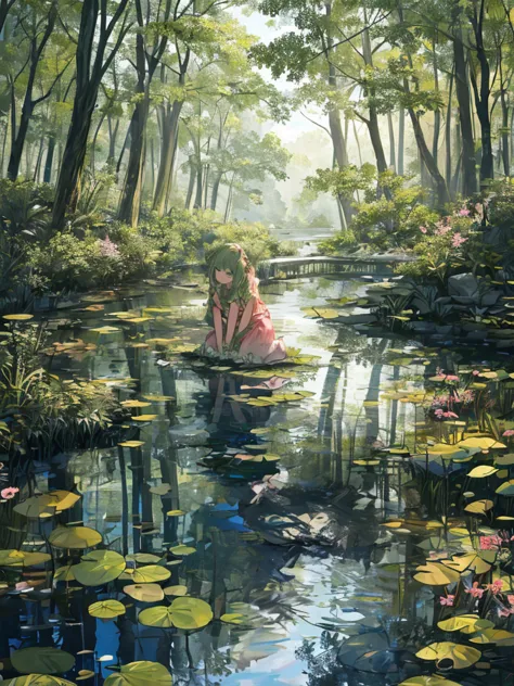 ((((Outdooring,The wilderness, pond, lake)), 1girl, calm, sitting, (((Verdant Huntress)), (fairy:, pale skin, long hair, ((green...