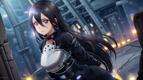 1 girl, cowboy shot, beautiful kirito_gmos, long hair, black hair, black eyes, on open air, kirito_suit, night,city , volumetric...