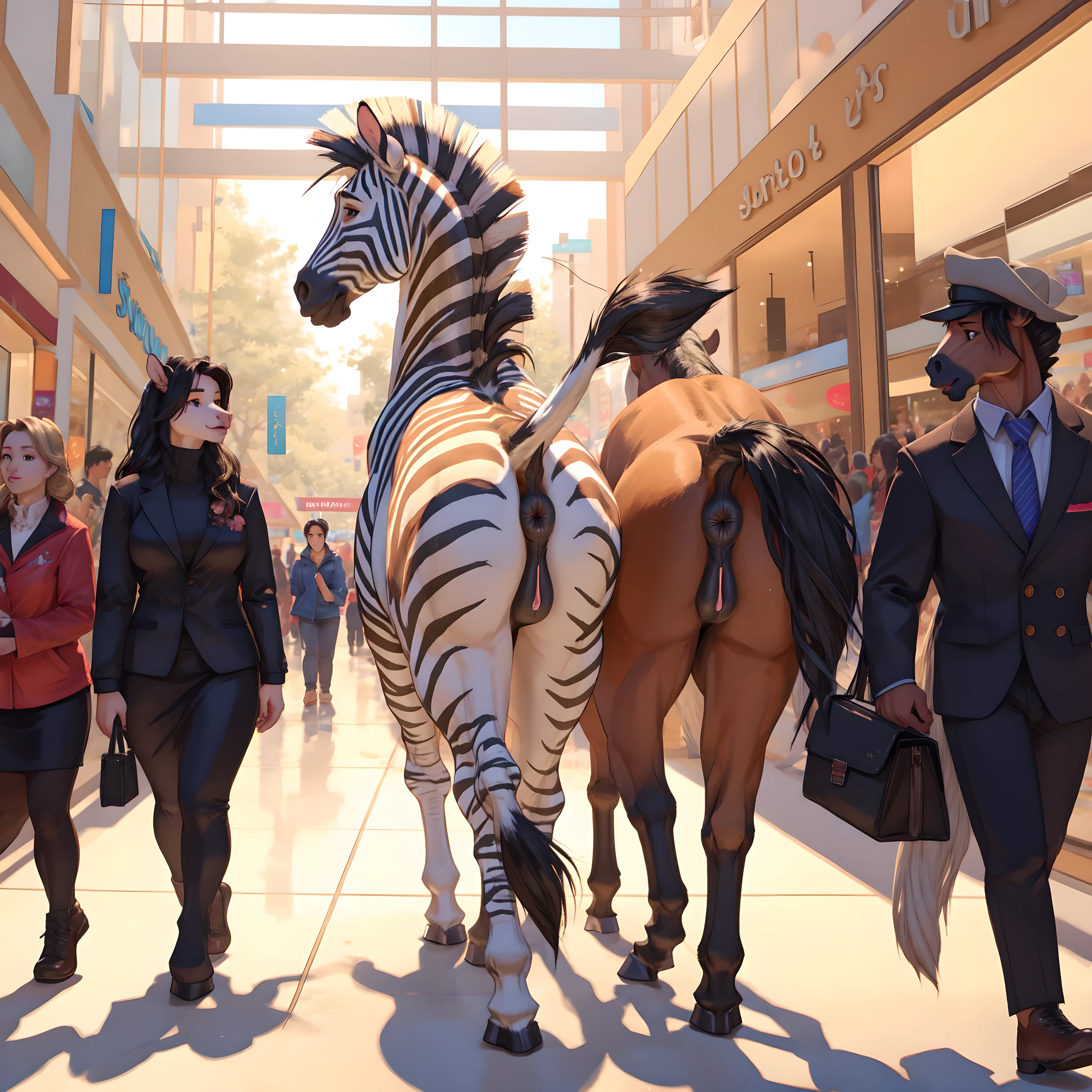 feral zebra , female, horse pussy, anus, butt, walking , mall, people on the background 