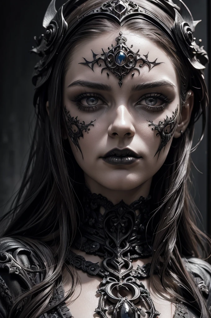 a close up of a sculpture of a woman's face with a gothic style head, gothic face, gothic art style, detailed 3d gothic oil painting, gothic art, baroque dark art, hyperrealistic art nouveau, intricate sculpture, ornamental gothic - cyberpunk, intricate face, detailed face ), symmetical face, neogothic art, gothic influence, gothic and baroque