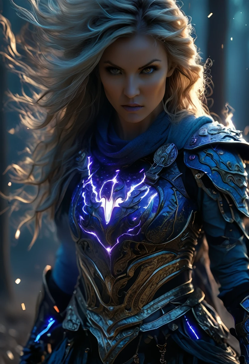 (Best Quality, 4k, 8k, High, Masterpiece: 1.2), Very Detailed, (Realistic, Photorealistic, Photorealistic: 1.37), A female warrior, cosmic horror, a big sword, a helmet with horns. A female warrior in blue lightning armor. , Overwhelming violence and action aesthetic. Wild composition, big world, with a forest in the background