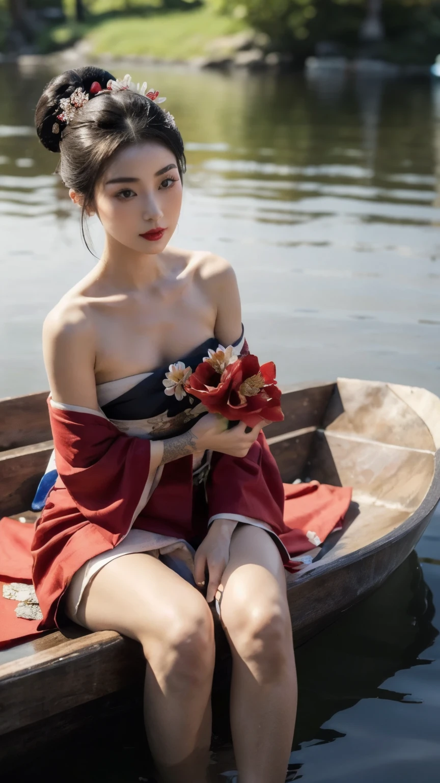 ((Top quality, 8k, Masterpiece: 1.3)), Sharp focus :1.2,   ((geisha with tattoees)).   ((Tattoeed skin detail)).   ((Body slim thin captivating)).   long eyelashes,    highly detailed lips,   detailed eyes,   double eyelid,   Make-up face.   Red lipstick.  hair accessories,    hair Bun,  elegance,    enchanting,

((Red kimomo. Bare shoulder)),

Sit down.   on a boat.   on the lake.   with nice views.   (Flower). (Flower). (Flower)