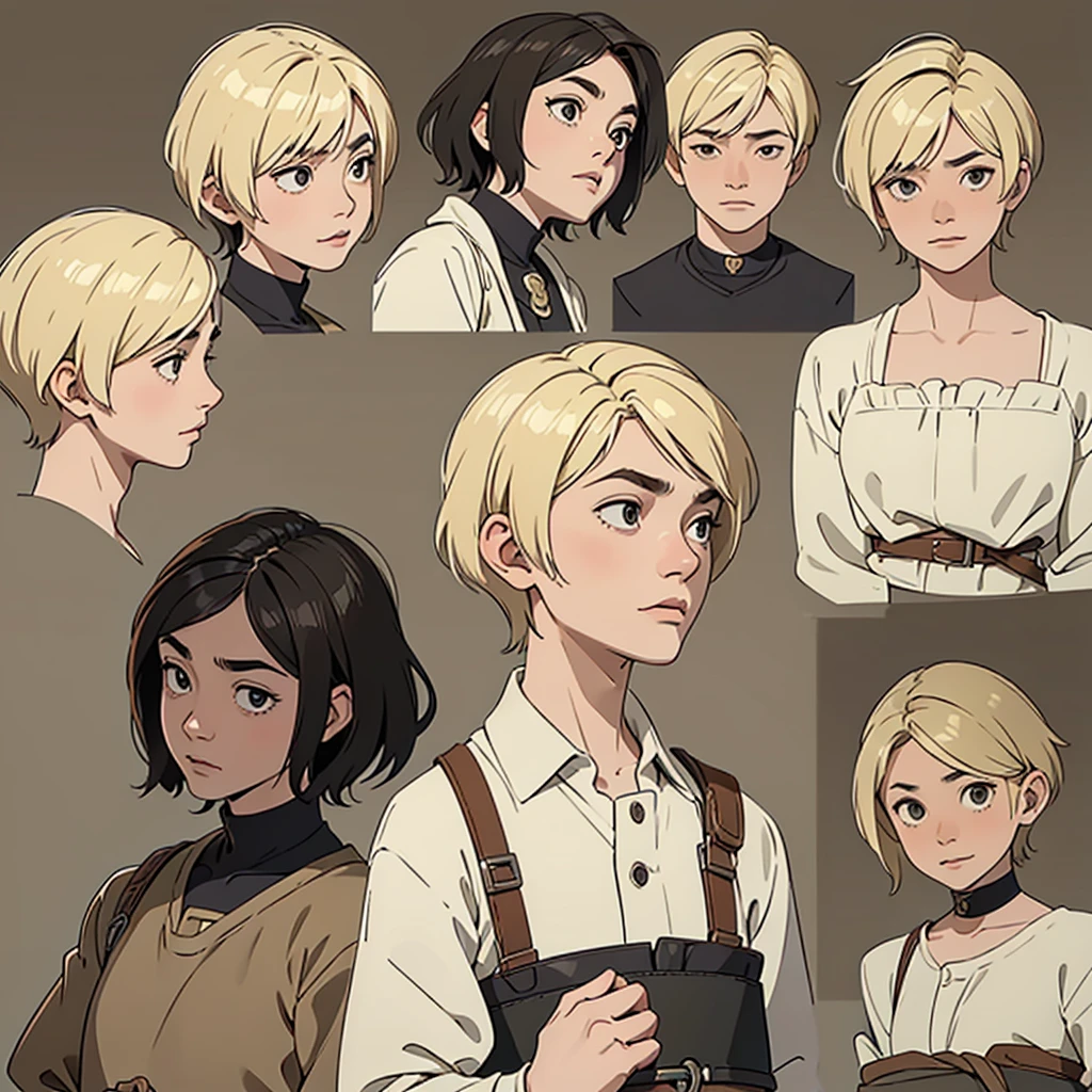 ((expressions sheet)), (simplified face portrait), (half-body), (solo), (1boy), His face is a mix of Asian and Western, Pixie cut hair style, blonde hair color, hazel eyes, big eyes, droopy eyebrows, small lips, medieval clothes, belts, villager, there is a burn on his neck 