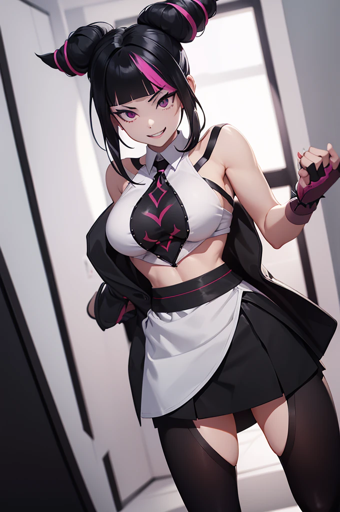 juri han, work of art, tight white secretary shirt with black tie, black high waist skirt, short skirt,stocking, black hair, black tights,evil smile,office,franja nos olhos,iluminação,chifre de cabelos,visão de cima,olhando para cima
