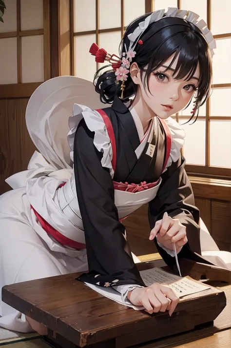 Mature Woman,(((Japanese style maid))),(((kimono,Maid clothes,Maid&#39;s Headband,garter belt,White Stockings))),(Detailed Descr...