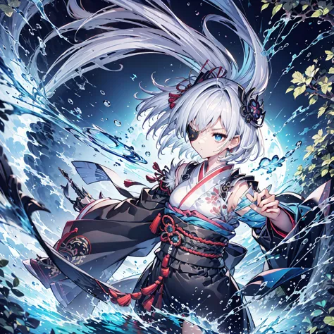 (((1 person　Put on an eye patch　Gray Hair　Qinglong)))　((High resolution　short hair　Black kimono　Shoulder　Rin々Funny face　knifeを胸の...